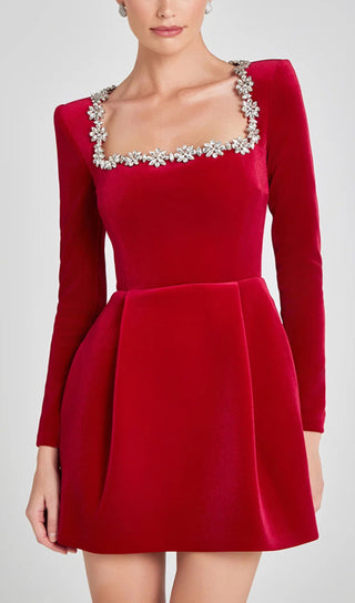 JEWEL-EMBELLISHED TRIM MINI DRESS IN RED