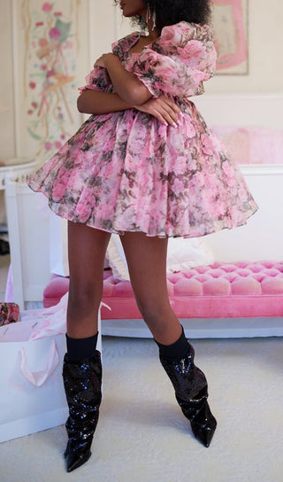 FLORAL PRINED PUFF MINI DRESS