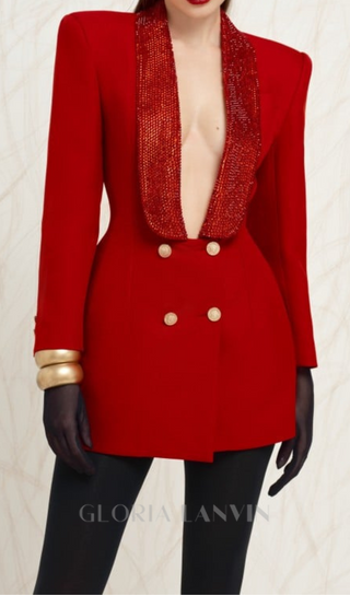 GEORGIA RHINESTONE BUTTON BACKLESS BLAZER IN RED