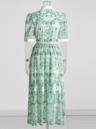 V NECK SPLICED BELTS EMBROIDERY MIDI DRESS IN GREEN