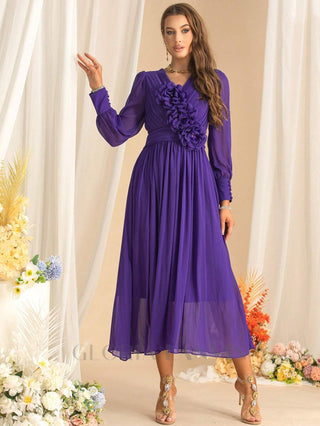 three-dimensional flower v-neck purple chiffon maxi dress