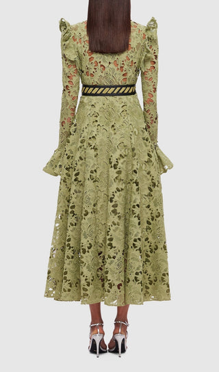 LACE BUTTERFLY SLEEVE MIDI DRESS IN OLIVE