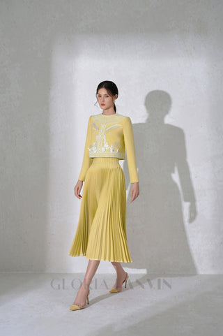 draped top pleat skirt set in yellow