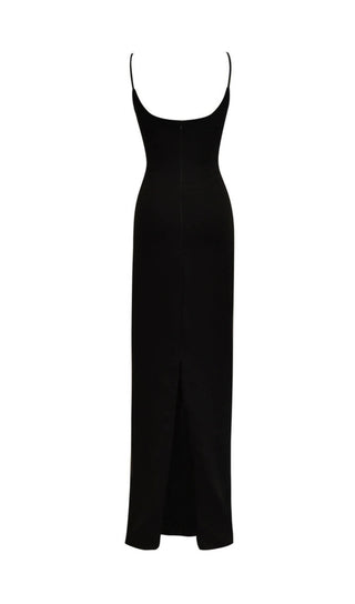 OFF-WHITE CREPE FLOWERS EVENING MAXI DRESS IN BLACK