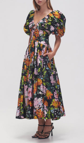 PLUNGE FLORAL MIDI DRESS