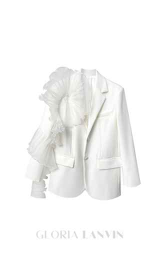 POLLY RUFFLE DETAIL LONG SLEEVE BLAZER IN WHITE