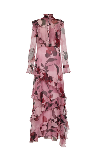 RUFFLE-TRIMMED FLORAL SILK VOILE MAXI DRESS