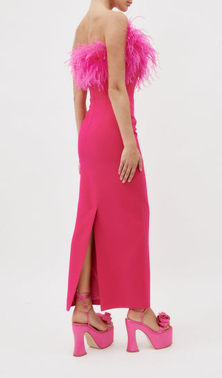 HOT PINK FEATHER BODYCON MAXI DRESS