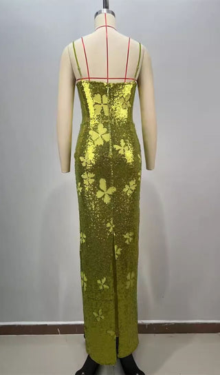 Sequined Low-Cut Strap Maxi Dress Fluorescent Green