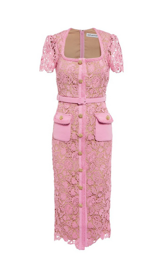 PINK GUIPURE LACE MIDI DRESS