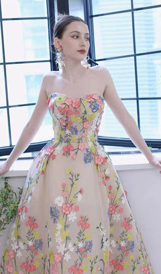 STRAPLESS TEA LENGTH FLORAL MIDI DRESS