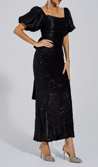 MARIA BLACK BOW SEQUINS EMBELLISHED MAXI DRESS