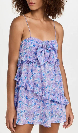 FLORAL EMBELLISHED RUFFLE TRIM MINI DRESS