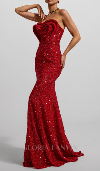 HELOISE RED SEQUIN STRAPLESS LARGE HEMLINE MAXI DRESS