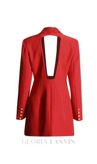 GEORGIA RHINESTONE BUTTON BACKLESS BLAZER IN RED