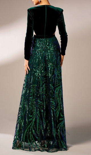 high slit sequin long sleeve maxi dress in green