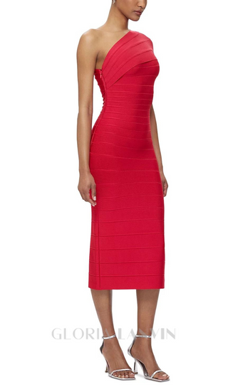 Abigail one-shoulder bandage midi Dress in rio red