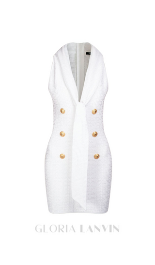 EVELYN JACQUARD MONOGRAM SHAWL-COLLAR MINI DRESS IN WHITE