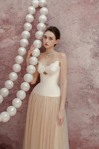 two-tone Hollow tube top tulle midi dress