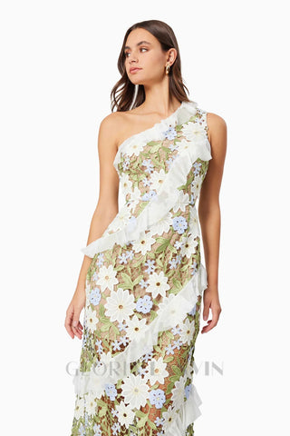 Floral One Shoulder Lace Maxi Dress in Green