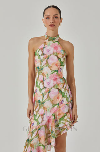 SABINA PINK GREEN ASYMMETRIC FLORAL HALTER MIDI DRESS