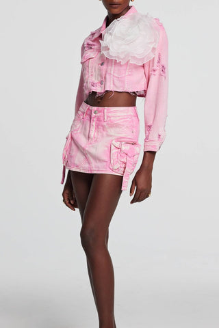 Alaiao Torn Flower Denim Jacket in Pink