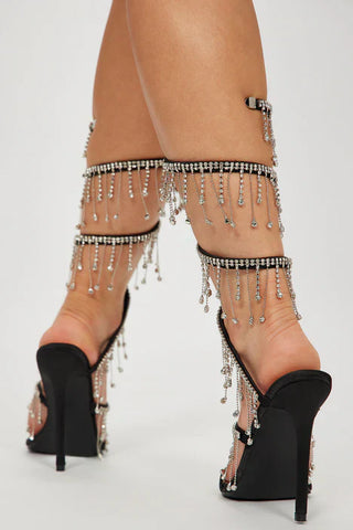 Arabella Rhinestone Tassel Stiletto Heels - Black