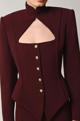 Aymee Cutout Button Blazer in burgundy