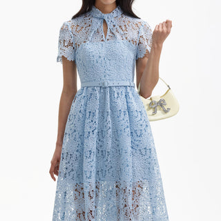 BLUE GUIPURE LACE A LINE MIDI DRESS