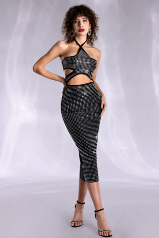 AGNI TIE RHINESTONE BANDAGE DRESS IN BLACK