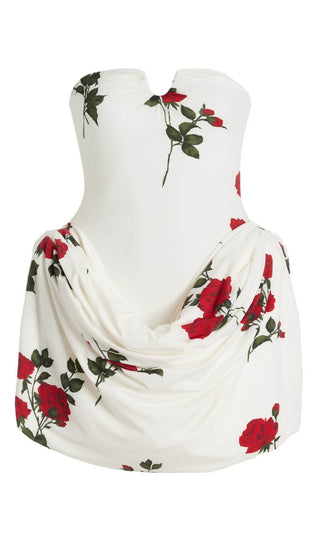 FLORAL-PRINTED PLEATED STRAPLESS MINI DRESS IN WHITE