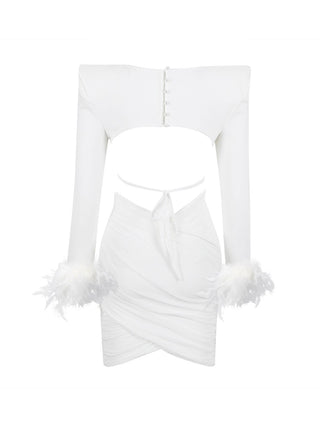 JENNIFER LONG SLEEVE FEATHER MESH BANDAGE SET IN WHITE