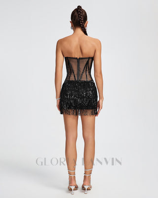 BLACK MESH SEQUINS BEADING CORSET MINI DRESS