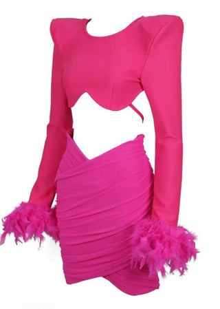 JENNIFER LONG SLEEVE FEATHER MESH BANDAGE SET IN PINK