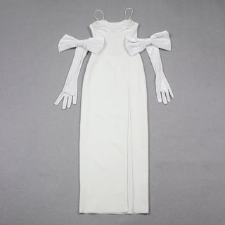 ROBE MAXI À BANDAGE DANS LE DOS BLANC AVEC GANTS 