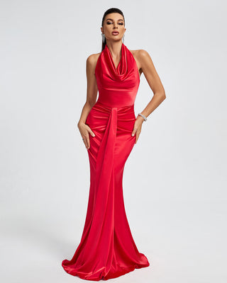 HALTER DRAPED SATIN MERMAID MAXI DRESS IN RED