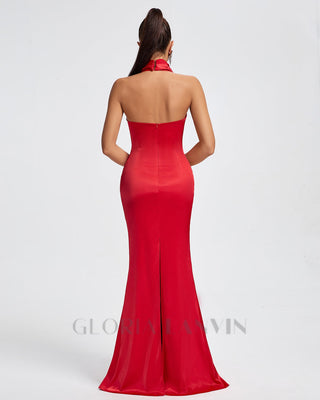 HALTER DRAPED SATIN MERMAID MAXI DRESS IN RED