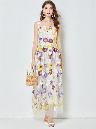 COLORFUL FLORAL EMBROIDERY FLOWER SLING MIDI DRESS