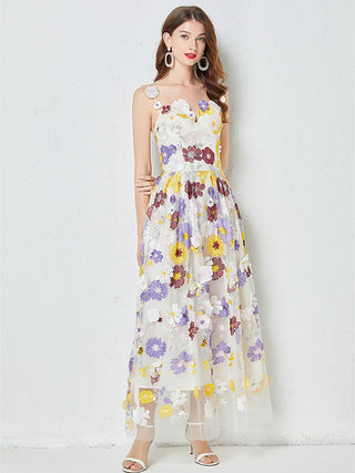 COLORFUL FLORAL EMBROIDERY FLOWER SLING MIDI DRESS