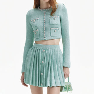 MINT SEQUIN PLEATED KNIT SKIRT