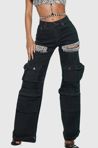 Rhinestone Cutout Cargo Jeans in Black