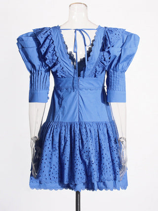 BLUE V-NECK EMBROIDERED RUFFLED MINI DRESS