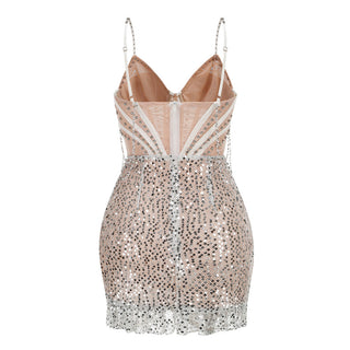 Smot Shoulder Chain Rhinestone Sequin Dress