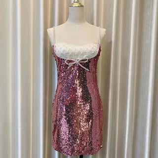 DAVINA SEQUINS DIAMANTE MINI DRESS IN PINK