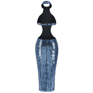 SHARON SEQUIN HALTER MAXI DRESS IN CERULEAN BLUE