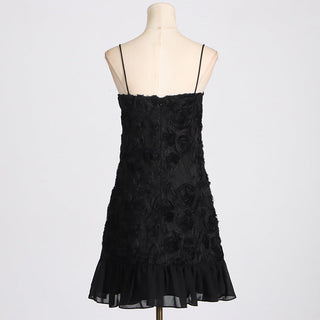 FLORAL APPLIQUÉ PLEATED HEM MINI DRESS IN BLACK