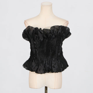 print ruffle trim top in black