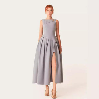 sleeveless pleated slit midi dress in gray