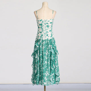 PRINT STRAPLESS CONTRAST MAXI DRESS IN GREEN