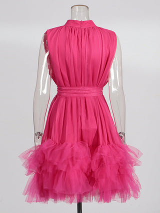 half-high-neckline tulle mini dress in pink